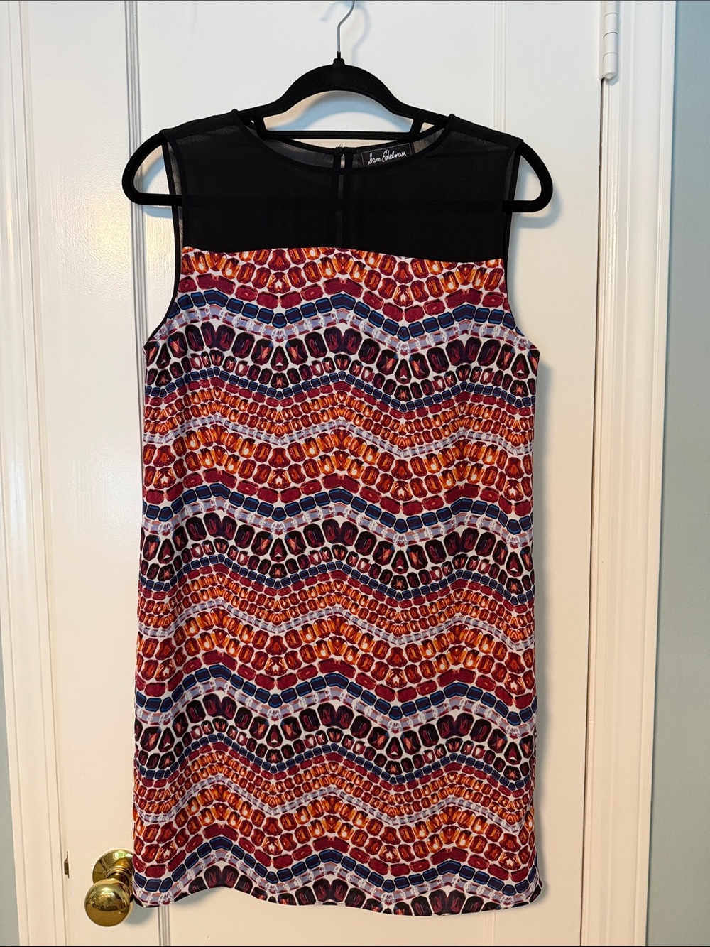 Sam Edelman Black-Yoke Chevron Mosaic Shift Dress in Red, Orange and Navy